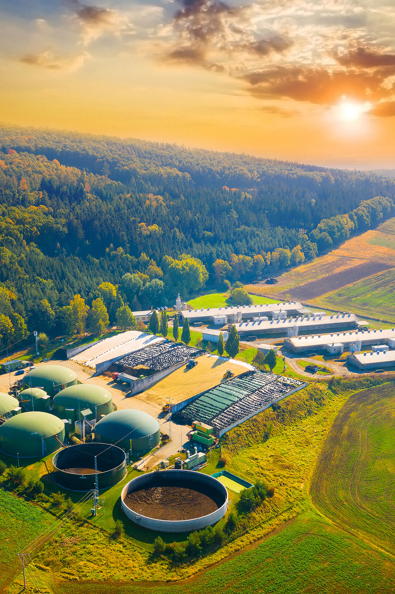Biogas plant in agricultural landscape.
