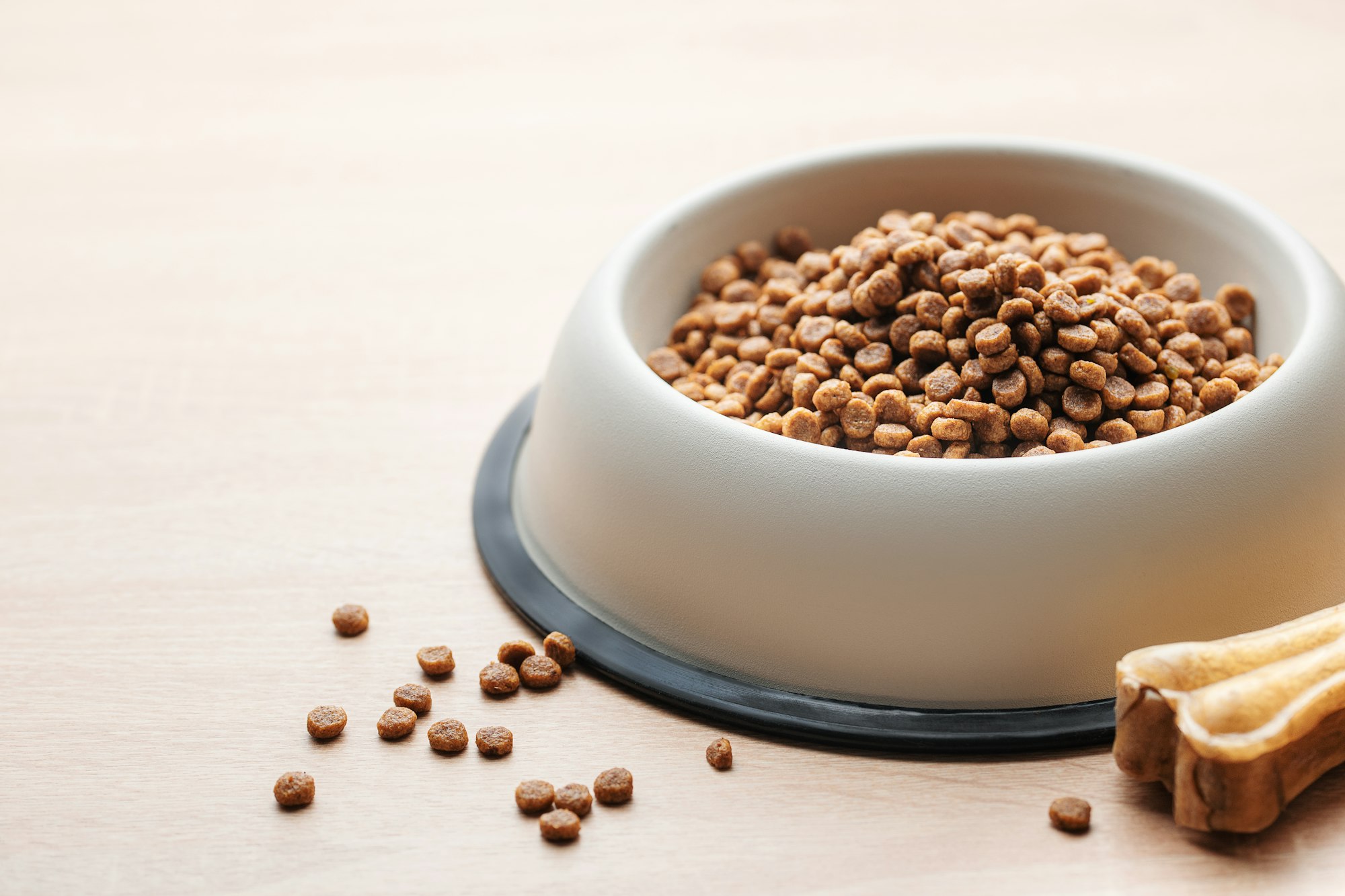 A bowl of dog food on a wooden floor.