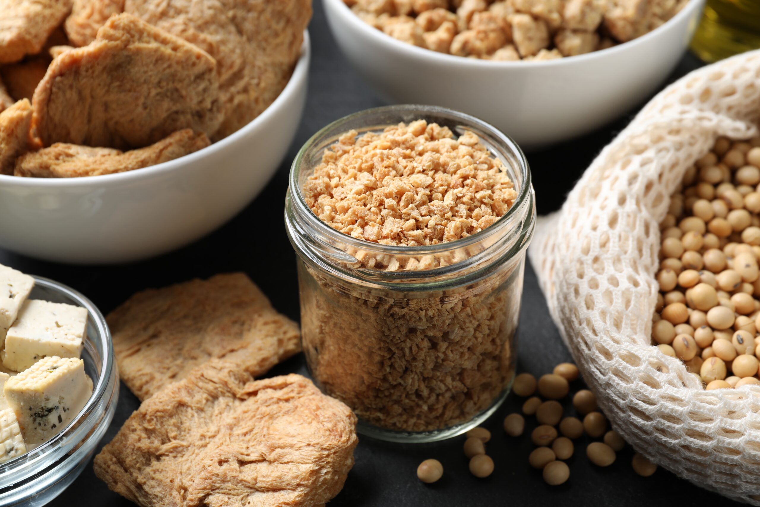 soy protein processing, plant protein concentration membranes, membrane cleaning programs, sustainable membrane filtration, PCM membranes, Different organic soy products on black table, closeup